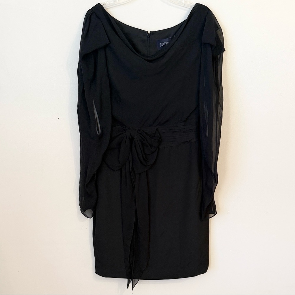 NWT Marchesa Notte 100% Silk Black evening dress sheer long sleeves draped neck